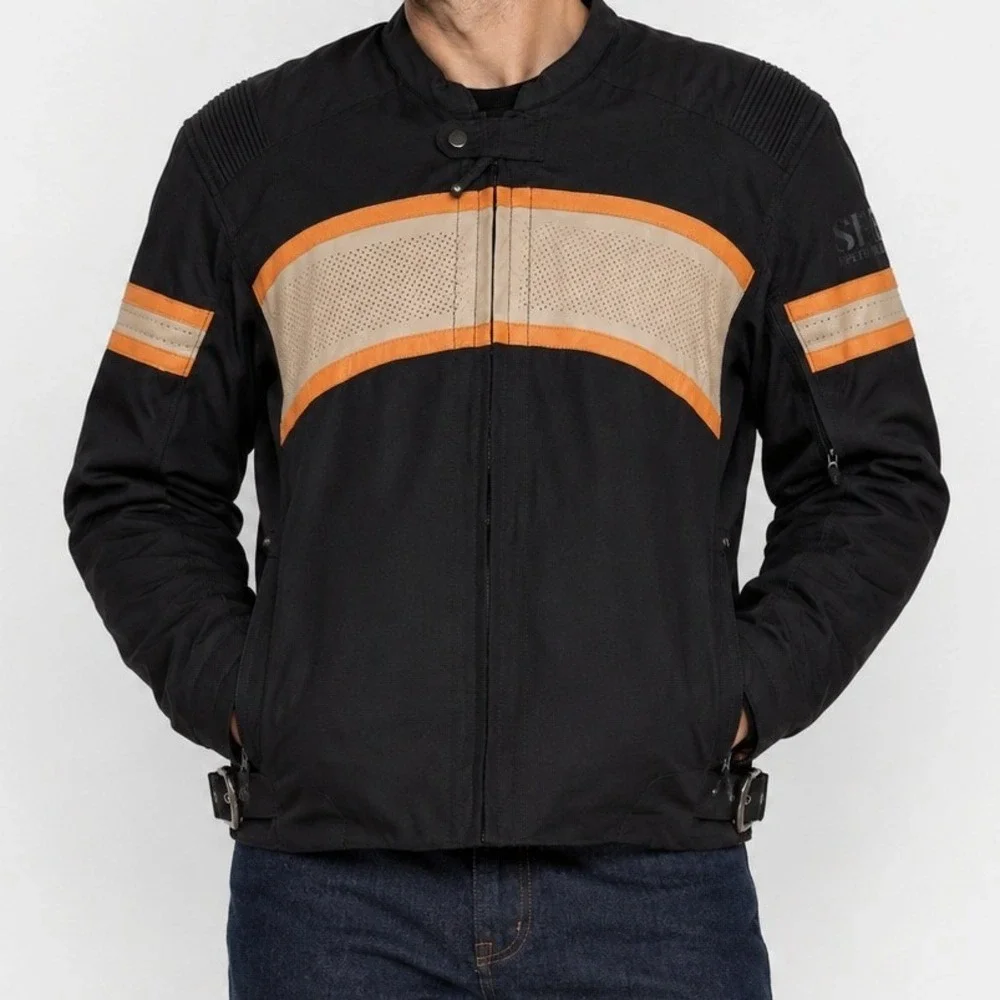 Speed and Strength Motorcycle Jacket Mens Black Orange Leather Trim Large L
